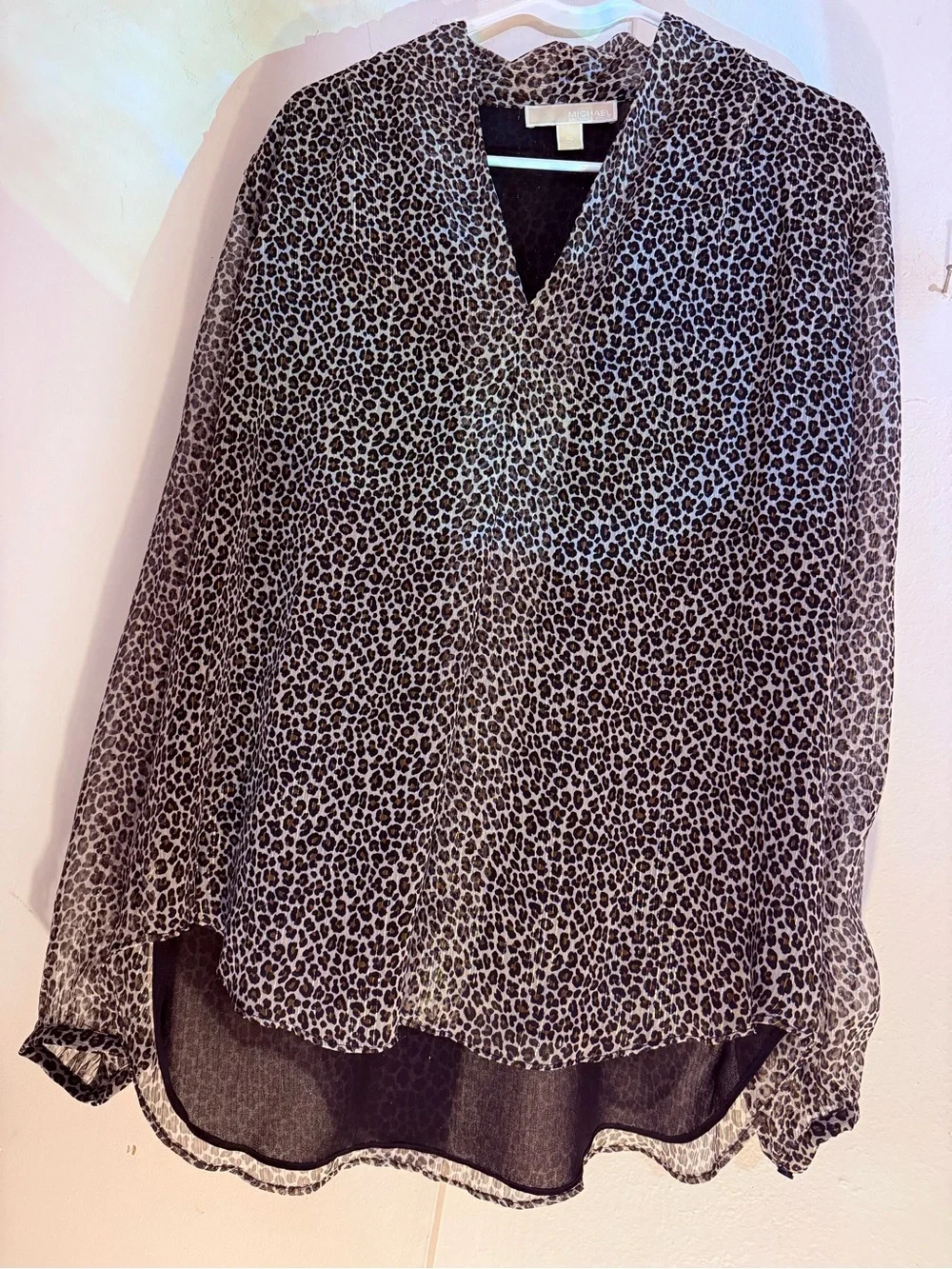 Michael Kors Black with GOLD THREADS, Leopard Print V-Neck Blouse